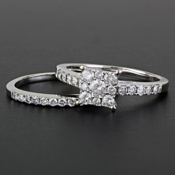 10K WhiteGold Pavé Diamond Bridal Marriage Engagement Ring Wedding Band Set